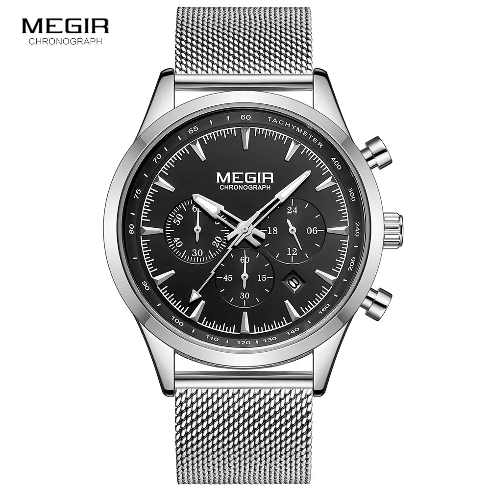 MEGIR Men\'s Watches Fashion Stainless Steel Mesh Strap Chronograph Quartz Watch Man Luxury Waterproof Luminous Wristwatch 2153