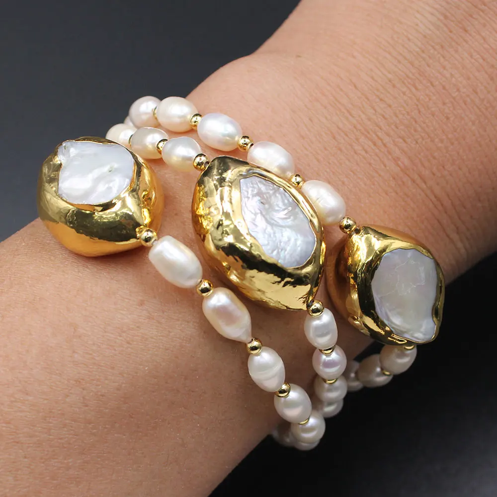 GuaiGuai Jewelry 3 Strands Cultured White Rice Freshwater Pearl White Keshi Pearl Bracelet Handmade Classic Wedding For Women