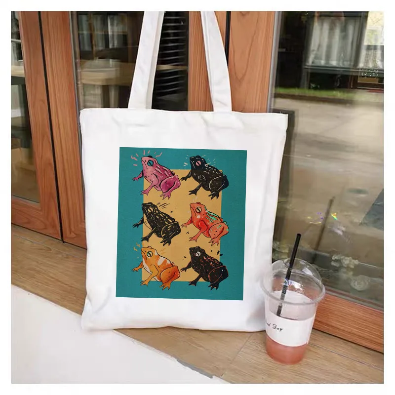 Cartoon Frog and mushroom print Women Tote Bag Shopping Bag Harajuku Unisex Casual Handbag Shopper Shoulder Bags Canvas Bag