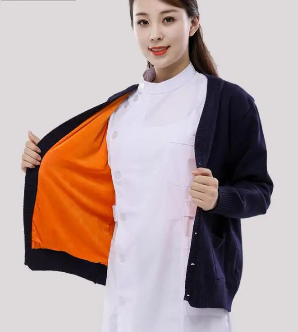 

Winter Sweater Women Cardigan Plus Velvet Thick Nurse V neck Doctor Coat Nurse Work Hospital