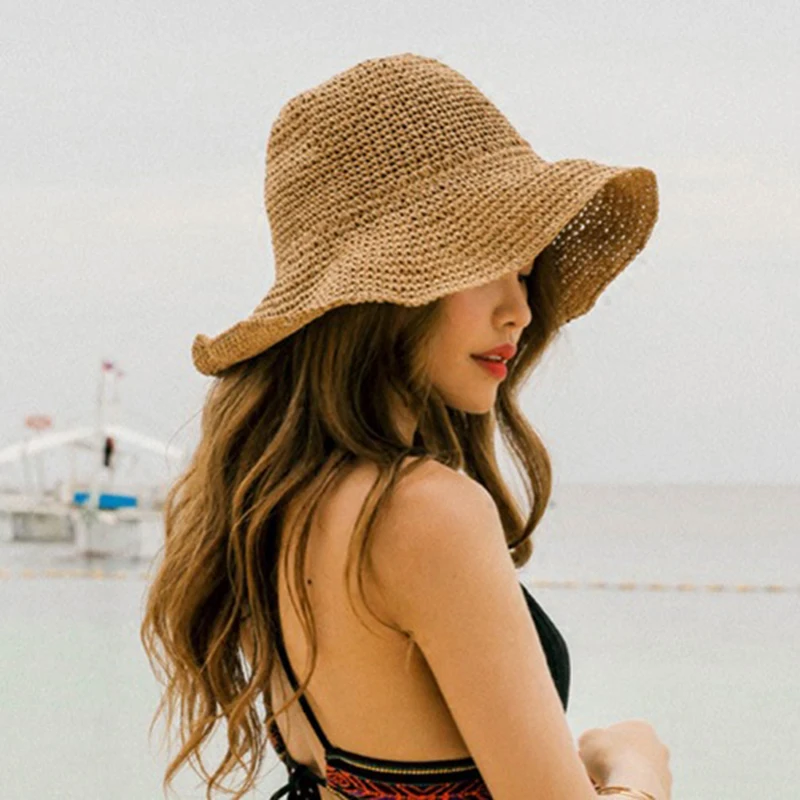 Women Summer Hats Sun Beach Panama Straw Hat Wide Wave Brim Folded Outdoor Caps Leisure Holiday Raffia Cap Visors