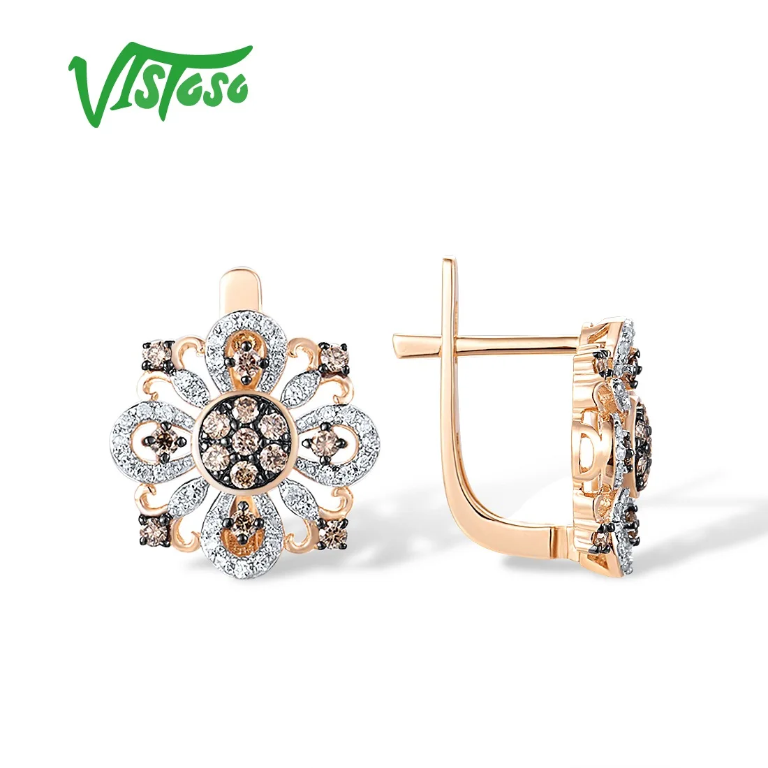 VISTOSO Pure14K 585 Rose Gold Earrings For Women Sparkling Diamond Brown Diamond Flower Earrings Delicate Trendy Fine Jewelry