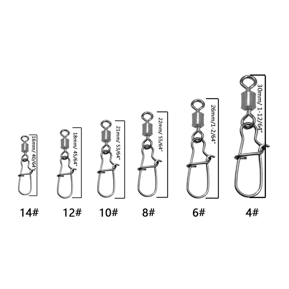 Lot de 120 pièces de 6 tailles d\'accessoires de pêche, connecteur de roulement à goupille, pivot roulant, en acier inoxydable, mousqueton, leurre,