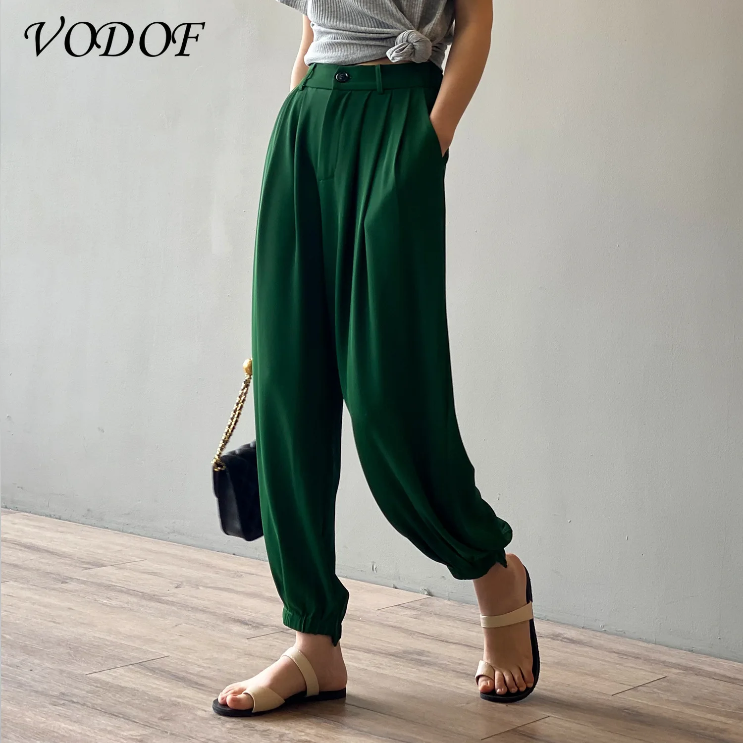 Vodof Pak Broek Vrouw Hoge Taille Broek Sjerpen Zakken Office Dames Broek Mode Midden Aged Roze Geel Broek