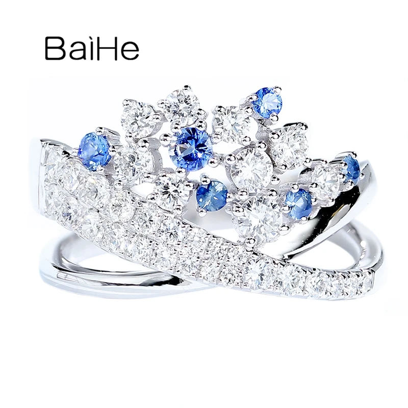 

BAIHE Solid 14K White Gold Natural Sapphire Diamond Crown Ring Women Wedding Engagement Gift Fine Jewelry Anillo corona zafiro