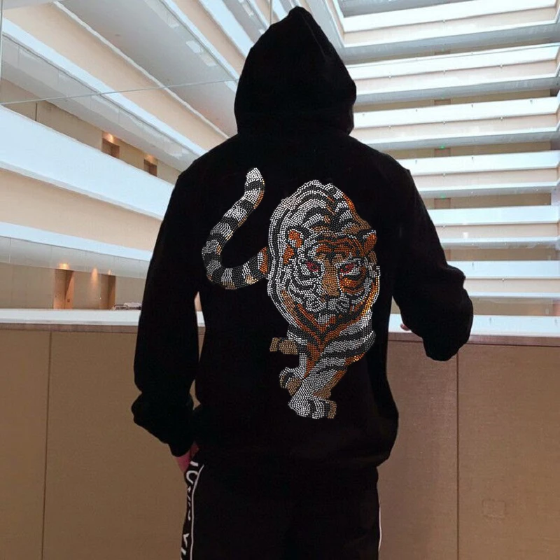 

Autumn And Winter New Pullover Jacket Korean Fashion Personality Men's Hoodie Casual Tiger Hot Drill Top M-5xl