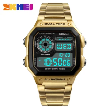 SKMEI fashion watches for men gold stainless steel waterproof wristwatches male square multi-function backlight clock