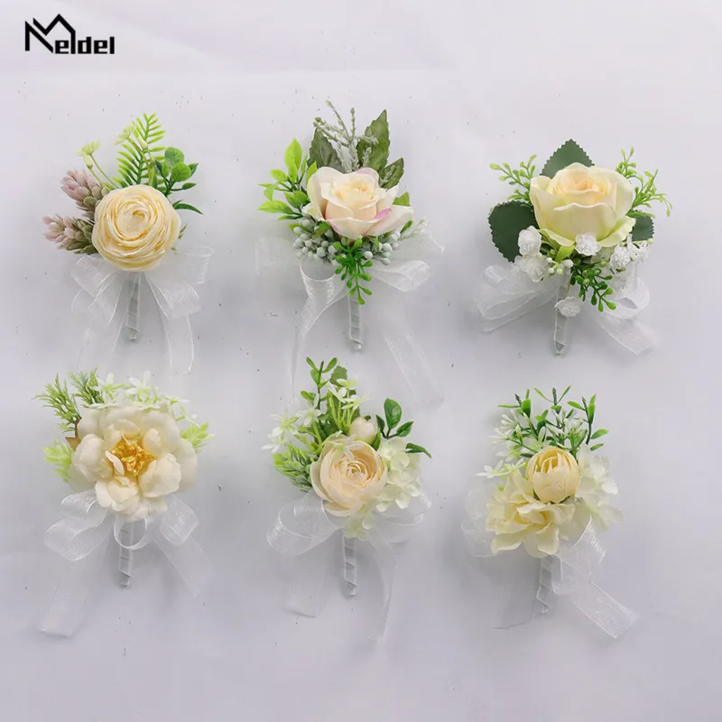 Meldel แต่งงาน Corsages และ Boutonnieres เจ้าบ่าว Boutonniere ผ้าไหมประดิษฐ์ Rose Wedding ข้อมือ Corsage เจ้าสาวสร้อยข้อมือดอกไม้