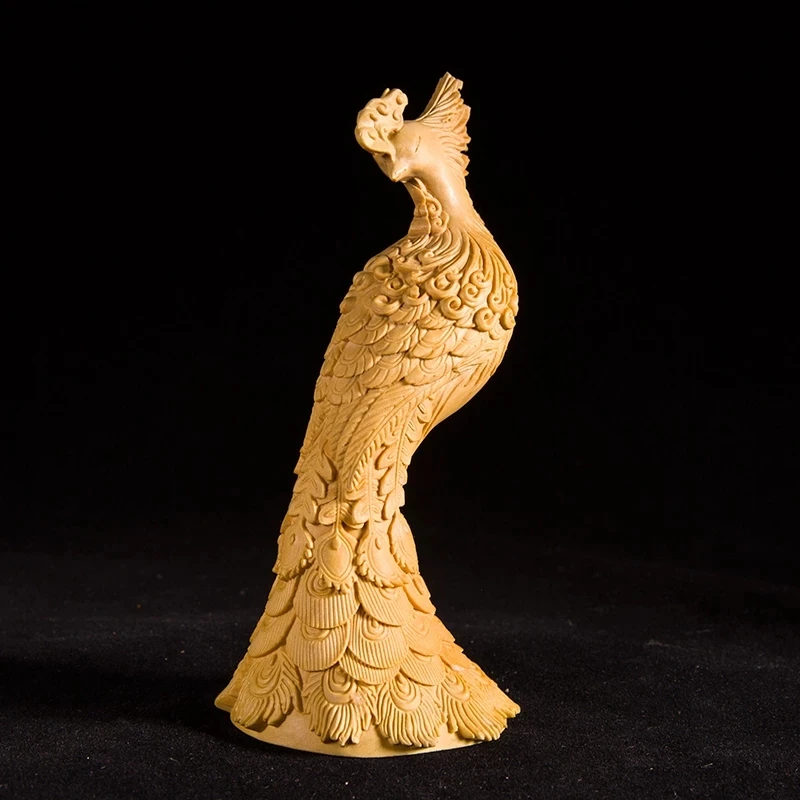 13cm Peacocks Small Figurines Wood Statue Mythology Phoenix Statue Wood Animal Statue Arts Crafts Solid Wood Statue Lucky Mascot