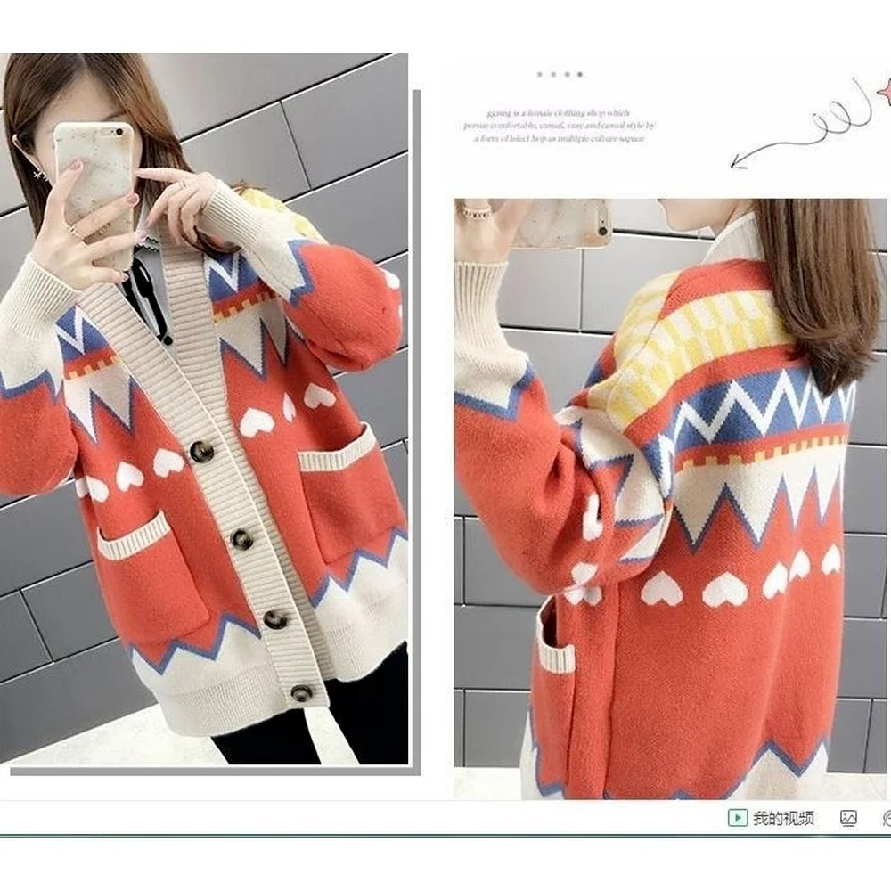 Large Size 125KG Autumn Ladies Cardigan,Orange Striped Pocket Sweater,Blue V-neck Button Loose Coat 5XL Korean Aesthetic Sweater