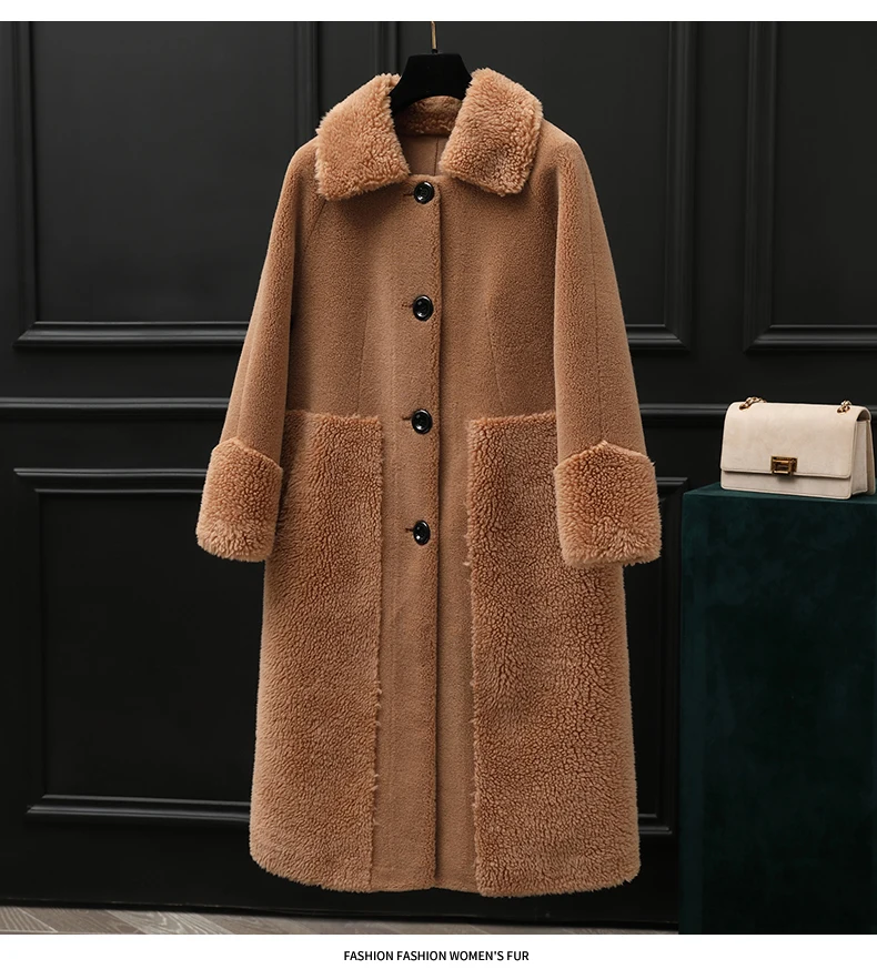 2021 Fall Winter Women 30% Wool Fur Coat Loose A-Line Pocket Sheep Shearing Warm Fur Coats Long Jacket Overcoat for Female