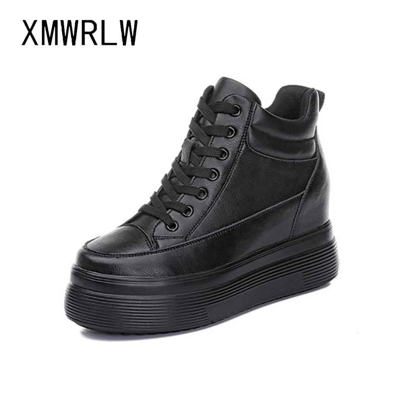 

XMWRLW Women's Platform Winter Shoes Autumn Winter Genuine Leather Chunky Sneakers For Women Black Shoes Hidden Heel Sneakers