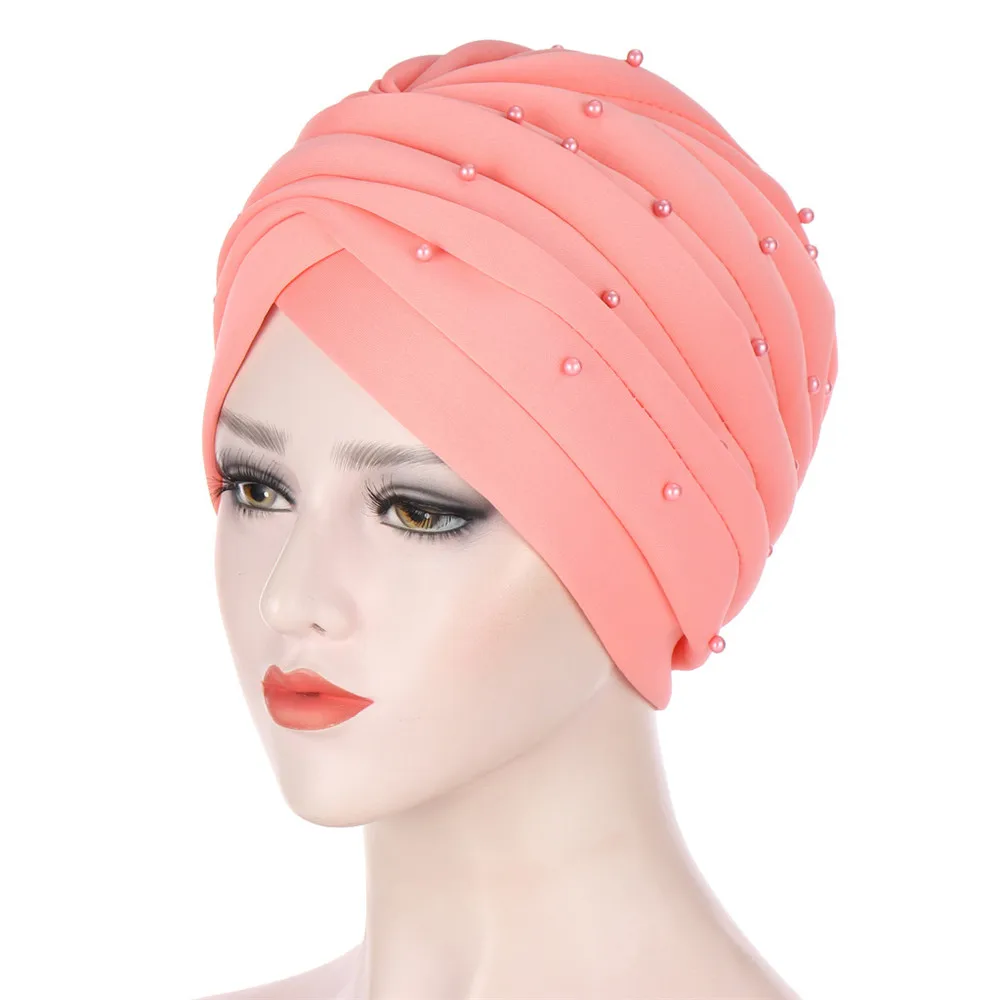 

India Turban Muslim Women Hijab Head Scarf Beads Pleated Chemo Cap Hair Loss Cancer African Headtie Bonnet Headwear Hat Islamic