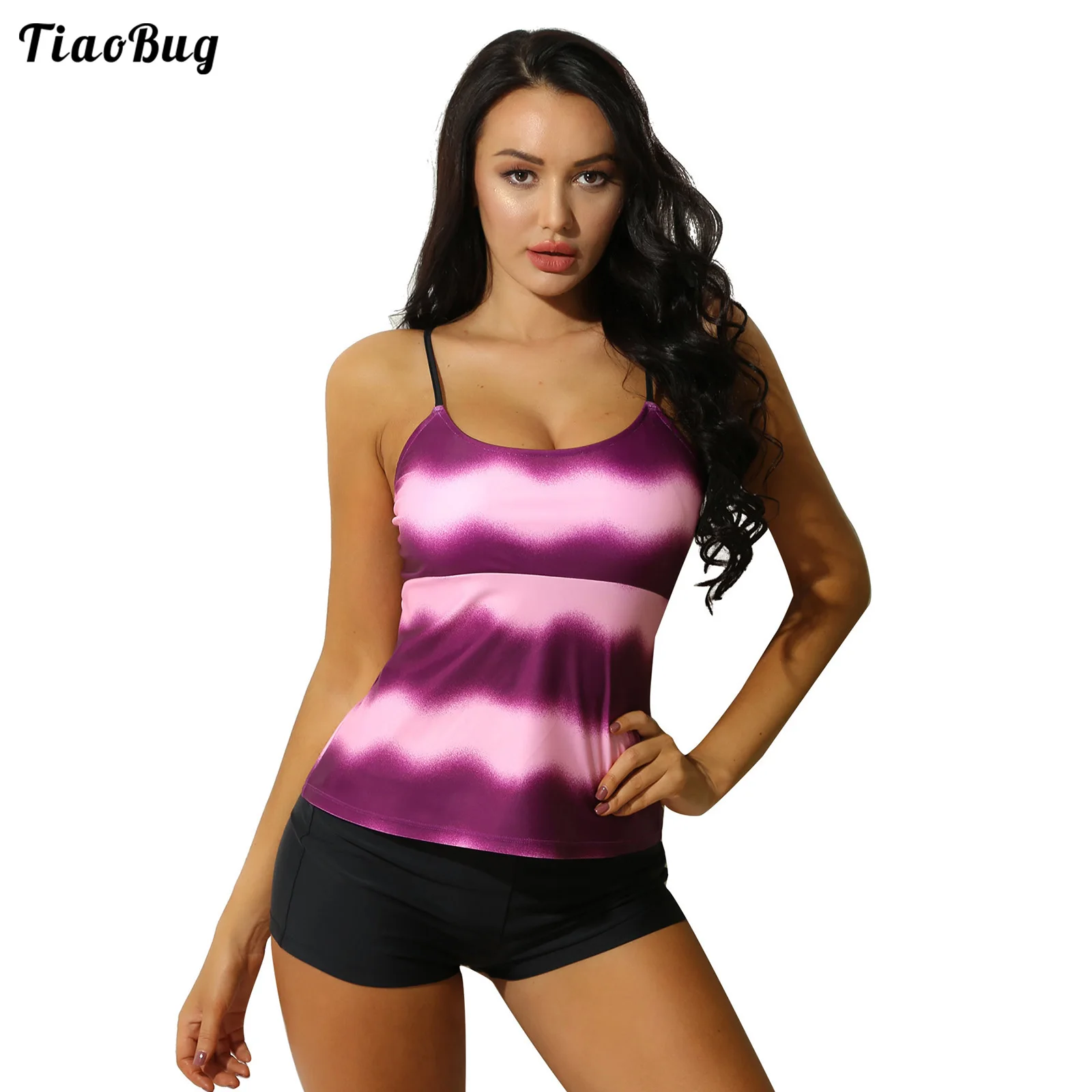 TiaoBug Summer Women 2Pcs Swimsuits Bathing Suits Tankini Swimwear Scoop Neck Sleeveless Back Strappy Tops With Boyshorts