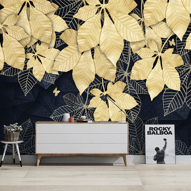 

Custom 3D Photo Mural Wallpaper For Bedroom Walls Golden Maple Leaf Wall Art Painting 3D Modern Living Room TV Background Decor