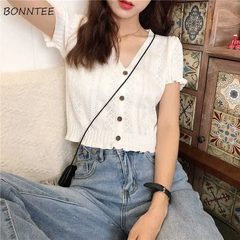 T-shirts Women Summer New Korean Style All-match Sexy V-neck Hollow Out Crop Tops Slim Shorts Sleeve Knitted Bodycon Solid Chic