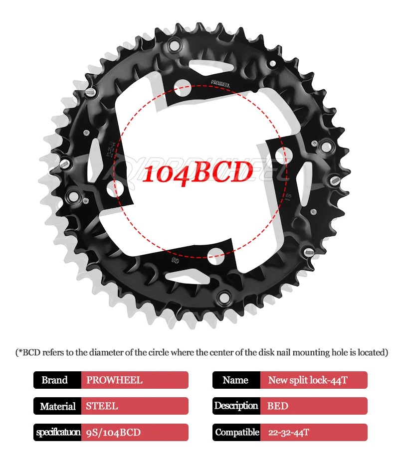 PROWHEEL MTB Kettenblatt 64/96/104BCD Mountainbike-Kettenrad 22T 24T 30T 32T 40T 42T 44T Zahnkranz Stahllegierung Fahrradteil – Detail 4