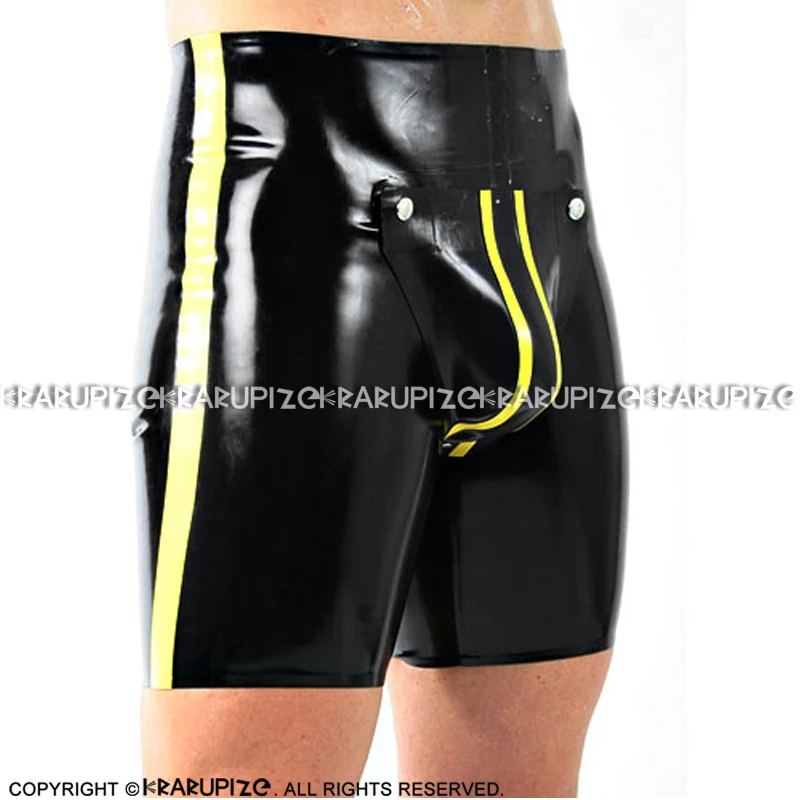 Black And Yellow Trims Sexy Latex Boxer Shorts With Pouch Buttons Rubber Boyshorts Underpants Underwear DK-0191