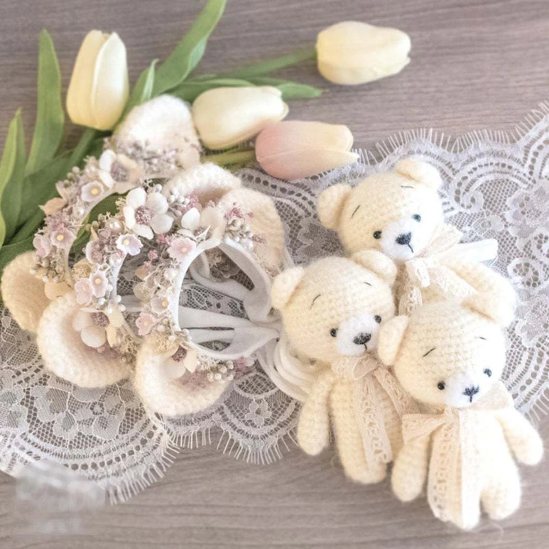 2 Pcs Newborn Baby Crochet Bear Doll Knitted Hat Set Beanie Bear Cap Handmade Toys Photography Props Photo Studio Accessories