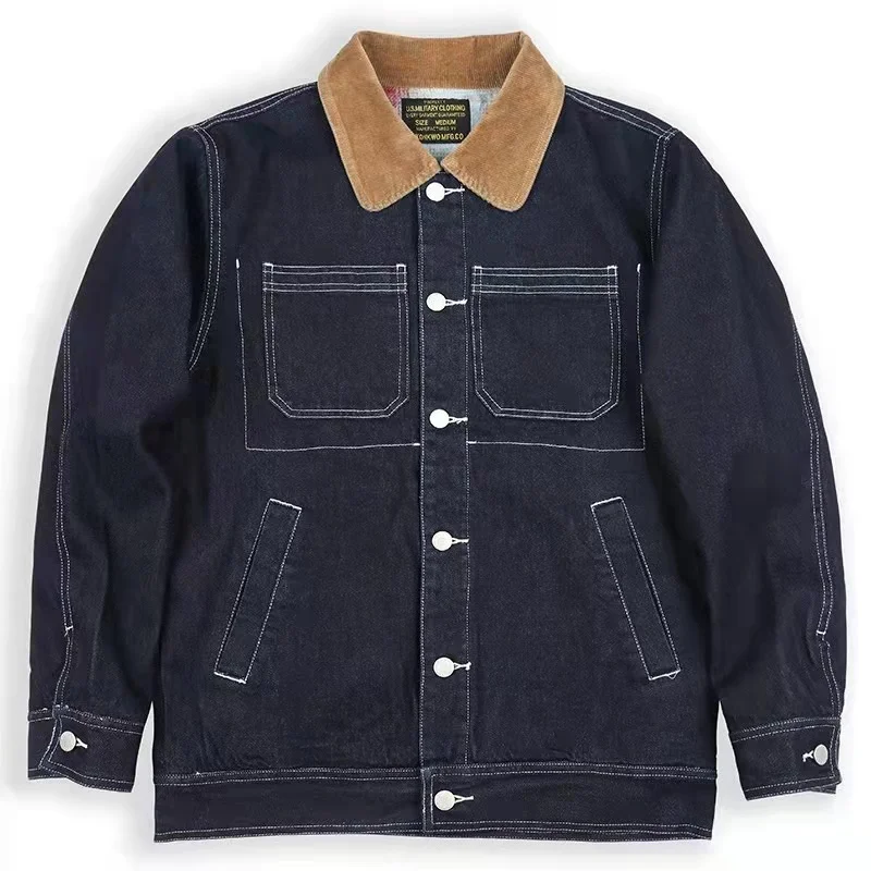 

Men's Denim Jacket with Wool Thick Blue Stripe Corduroy Collar Winter Insulated Jacket Cowboy Clothes Vintage