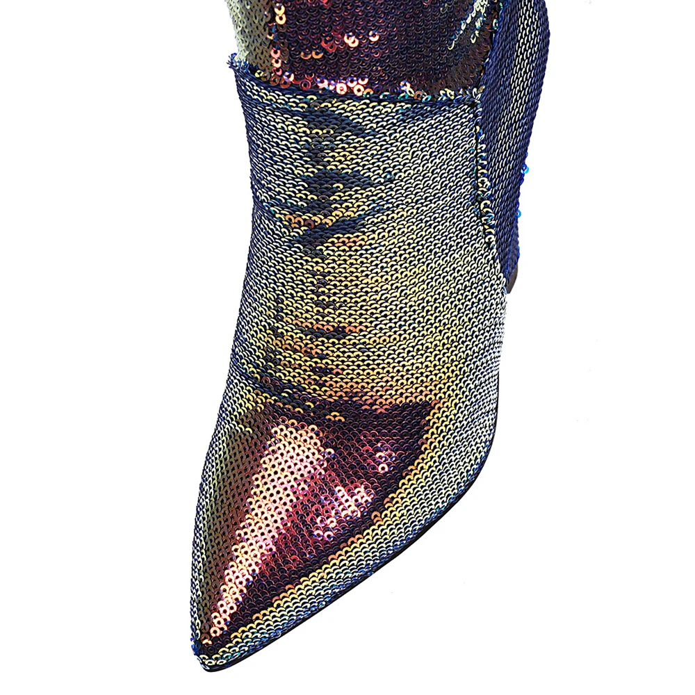 Slouch zmarszczek kobiet buty kolorowe szpiczasty nosek grube obcasy fałdy buty kobieta modne Bling skórzane buty do kolan buty zimowe