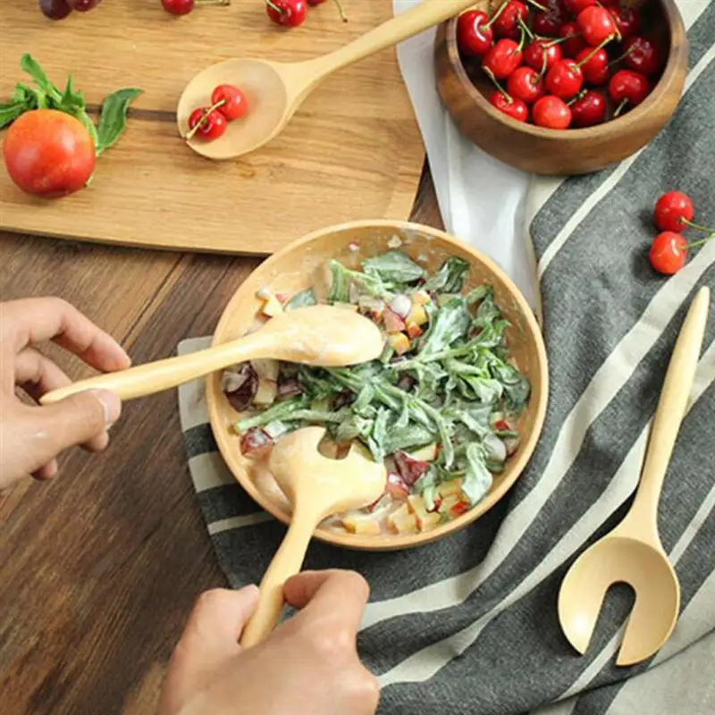 Salad Spoon Fork Serving Utensils Spoons Wooden Tongs Wood Dinner Mixing Set Servers Bamboo Hands Cooking Appetizer Dessert