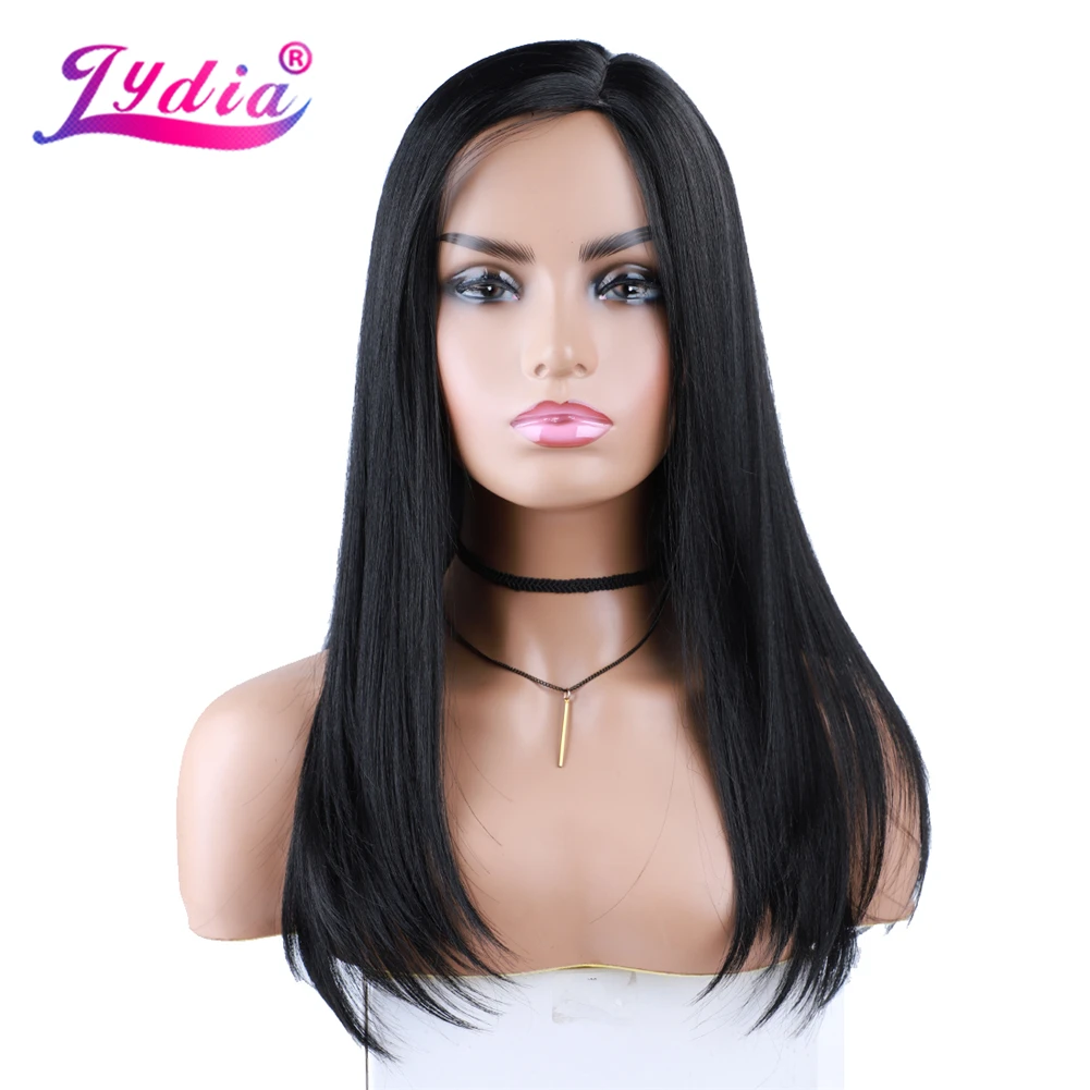 Lydia Long Straight Side Part Synthetic Hair Wigs With Skin Topper  African American Women Black 16 Inch Kanekalon Daily Wig