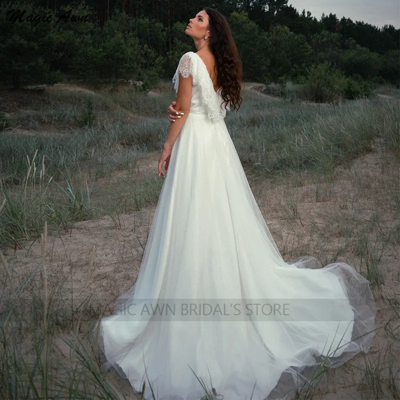 Magic Awn-vestidos de boda bohemios para mujer, Apliques de encaje con cuello en V, tul de estilo campestre, corte en A, Abito Da Sposa, 2022