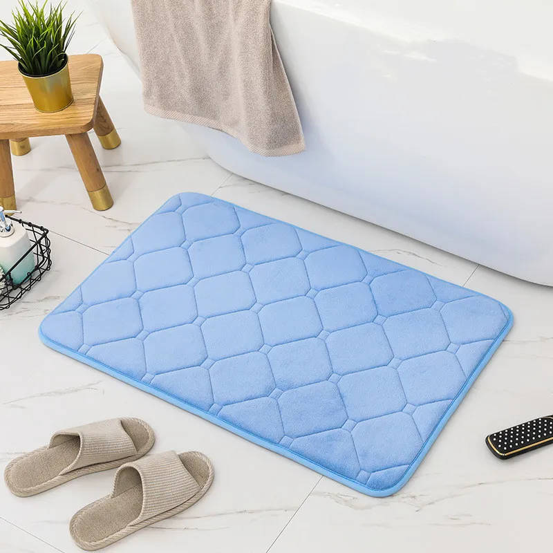 

Inyahome Memory Foam Bath Mat Absorbent Bathroom Rug Bathmat Non Slip Floor Mats Kitchen Runner Restroom Living Room Blue Carpet