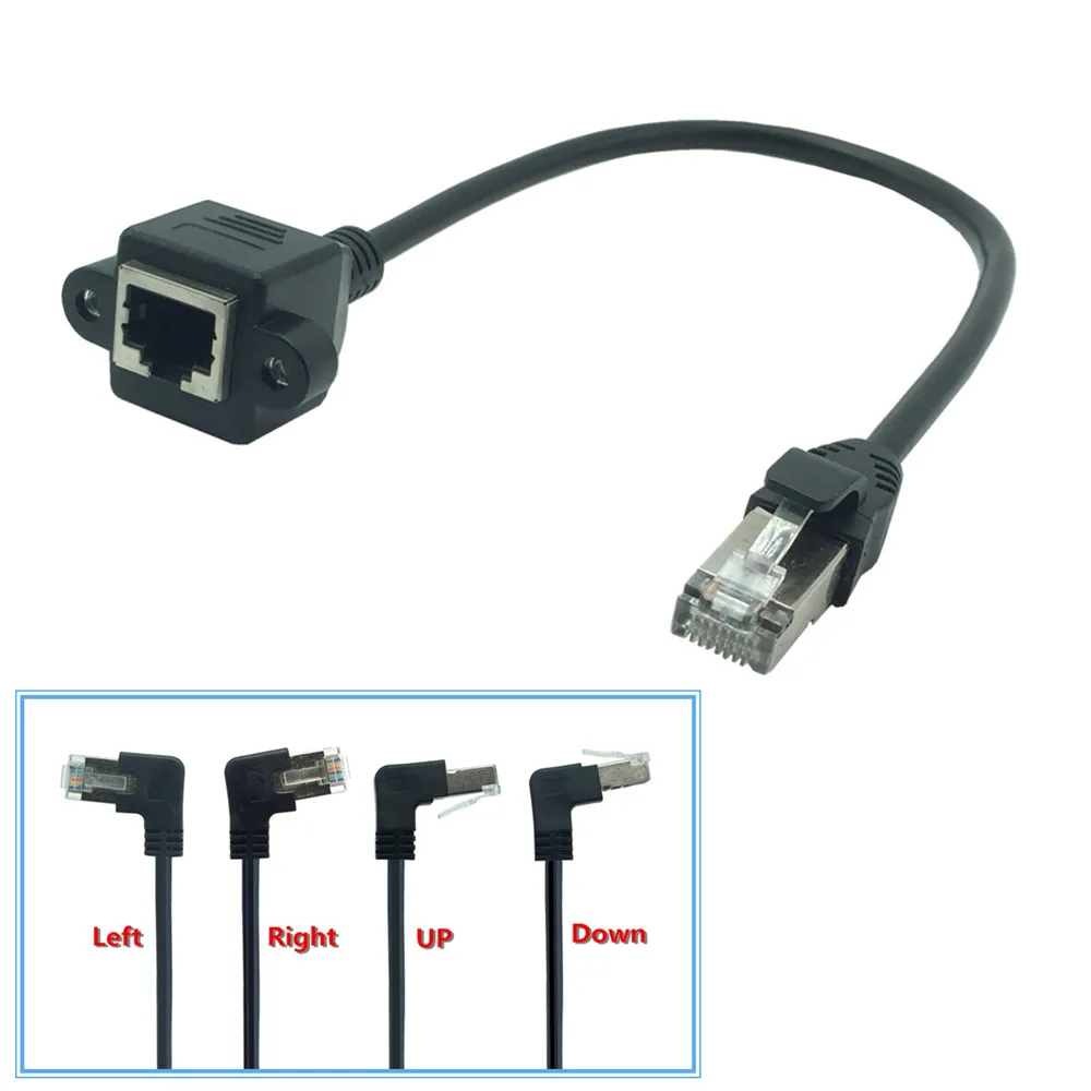 CAT5 8P8C RJ45 kablo erkek dişi vida paneli montaj Ethernet LAN ağı 8 Pin 90 derece dik açı uzatma kablosu 0.3m 0.6m
