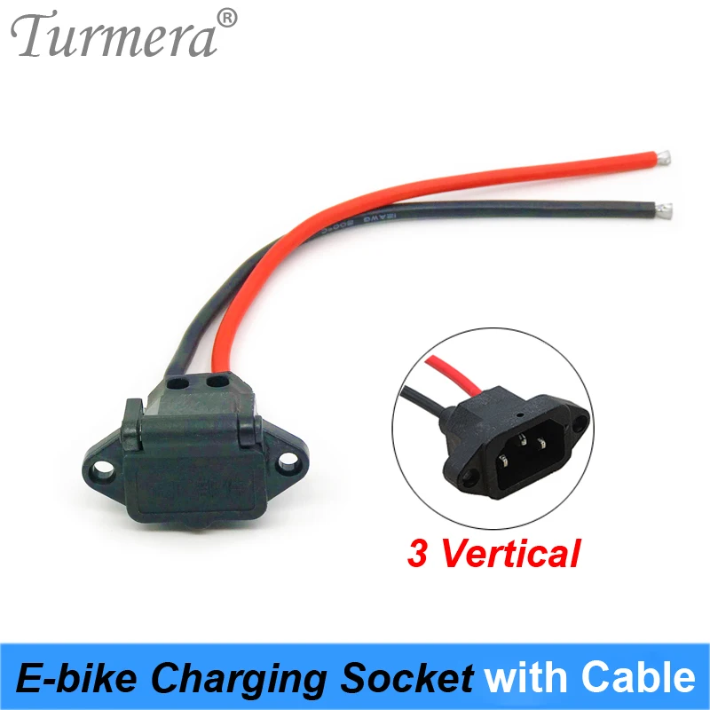 Turmera E-bike Battery Connector Plug Universal Three Vertical Charging Socket with 12AWG Cable for 36V 48V Electric Vehicle J31