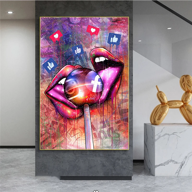 

Pop Street Graffiti Art Girl Sexy Lips Canvas Painting Wall Art Posters Prints Wall Pictures for Living Room Home Wall