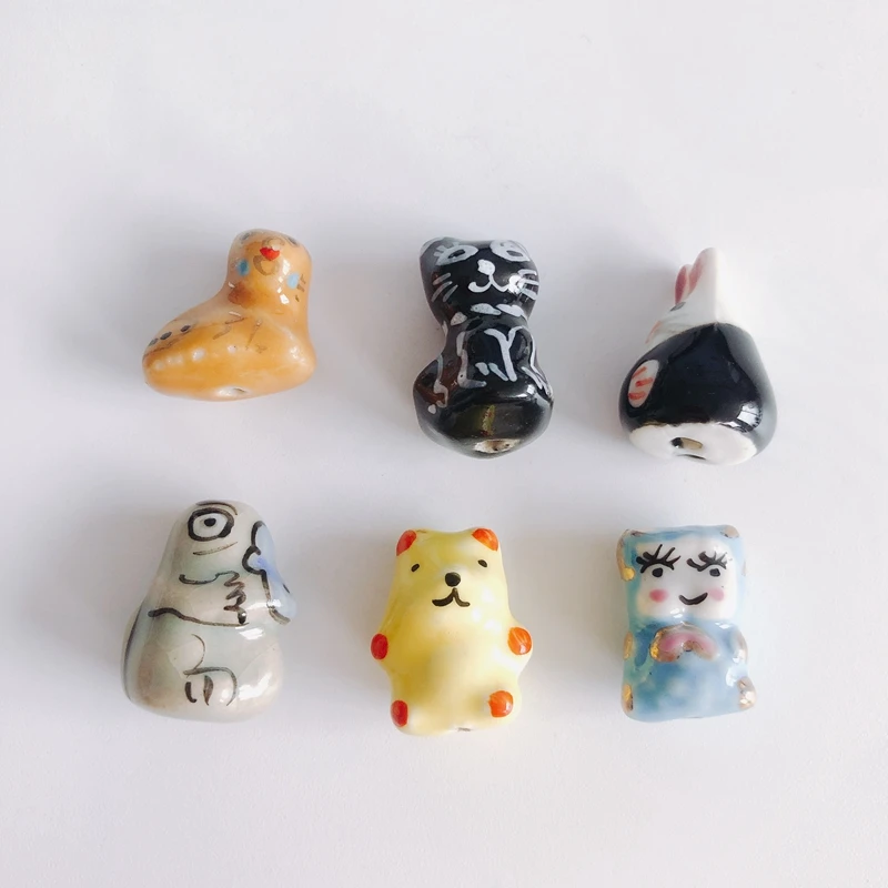 Retro Cartoon Cute Animal Bear Rabbit Ceramic Colorful Pottery Clay Beads Hand Drawn Small Pendant