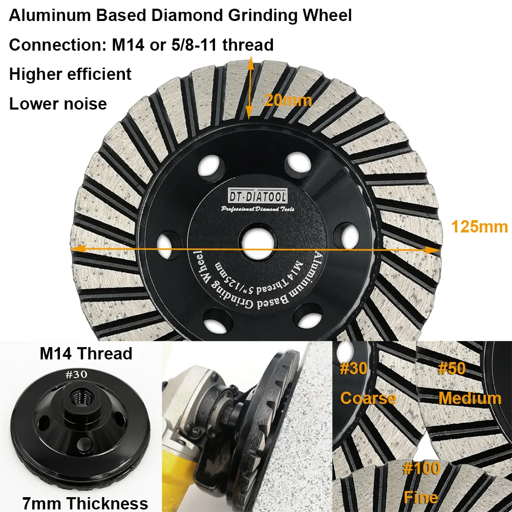 DT-DIATOOL 2 Pcs Dia 5 "/125 Mm M14 atau 5/8-11 Aluminium Berbasis Grinding Roda Roda Berlian grinding Disc Marmer Granit Grinding Wheel