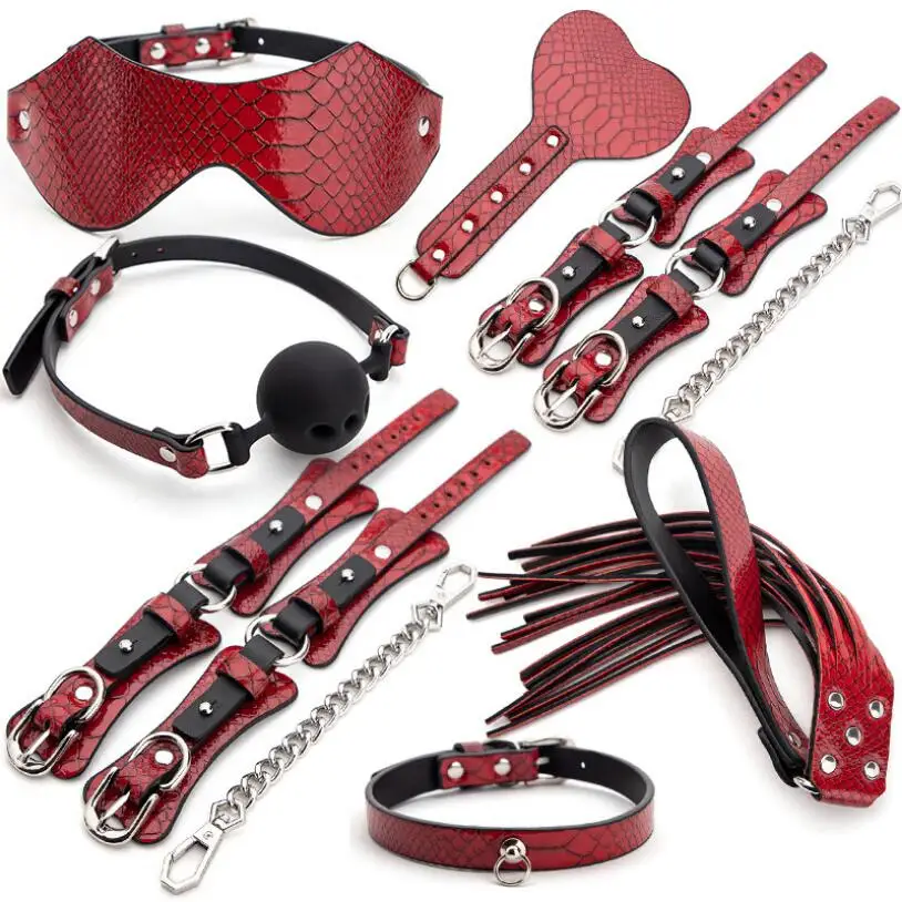 7Pcs/Set BDSM Bondage Handcuffs Shackles Gag Leather Pat Blindfold Collar Erotic Sex Toys  For Adult Crocodile Pattern S0143