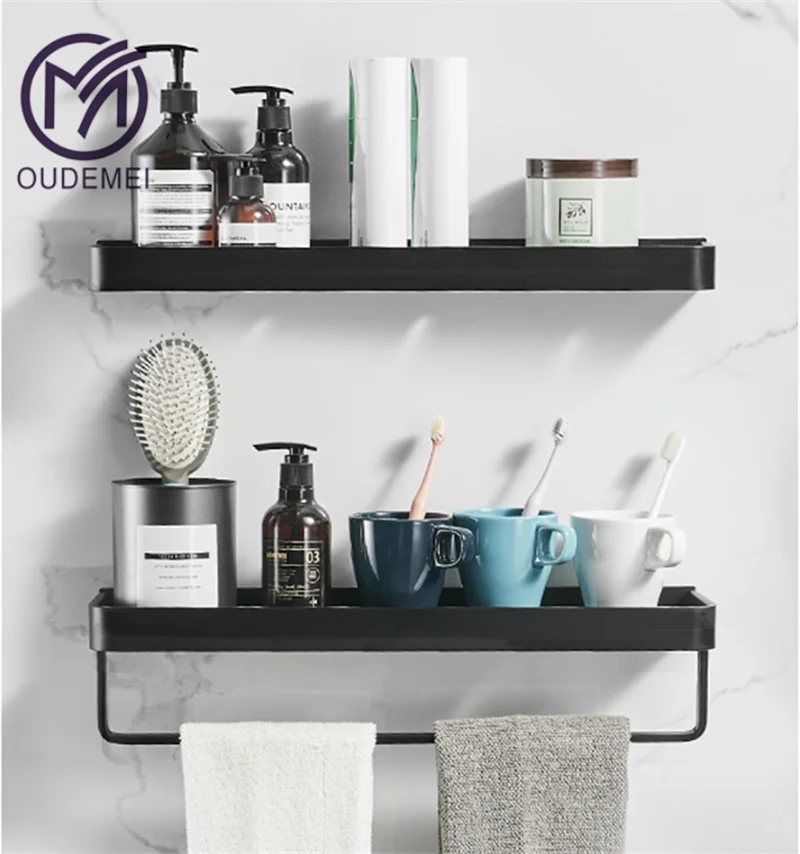 Aluminum Alloy Black Bathroom Square Shower Caddy Single Tier Shelf Shampoo Storage Holder with Rod and Movable Hooks