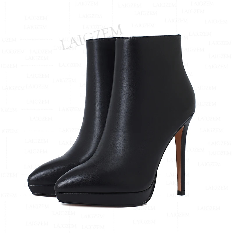 LAIGZEM Women Ankle Boots REAL LEATHER Side Zip Thin High Heels Booties Pointed Toe Dress Ladies Female Shoes Woman Size 33 41