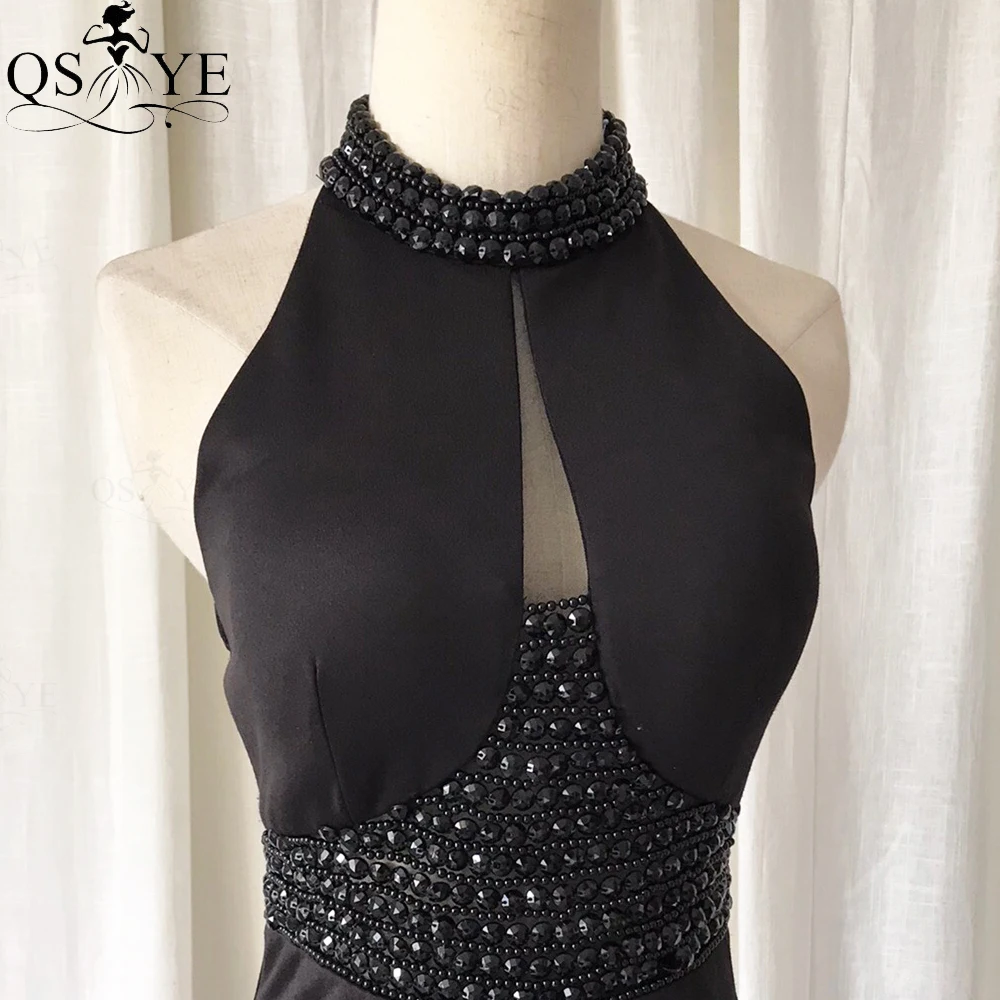 Vestidos de Noche negros con cuello Halter para mujer, Vestido largo de sirena con cuentas de cristal, cuello alto, fiesta de graduación, satén elástico, vestido Formal dividido