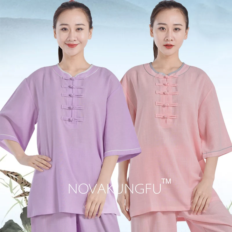 Short-Sleeved Tai Chi Clothing for Women, Cotton and Linen, Practice Clothes, Middle-aged and Elderly, Thin Martial Arts