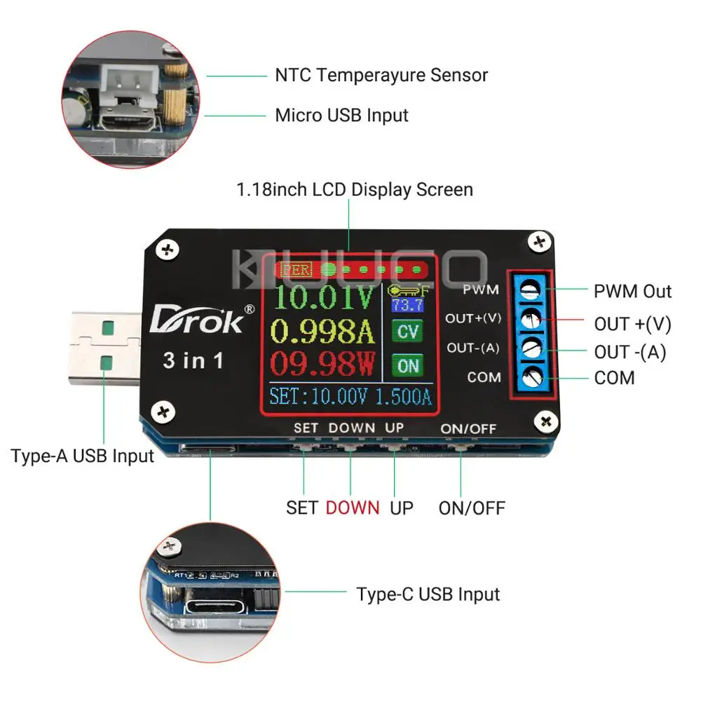 Imagem -03 - Verificador de Carregamento do Impulso do Fanfarrão da Tela Colorida de Usb de Drok a 0.6v30v 2a 15w Módulo Numérico da Fonte de Alimentação da Tensão de Controle dc 3.5v15v do