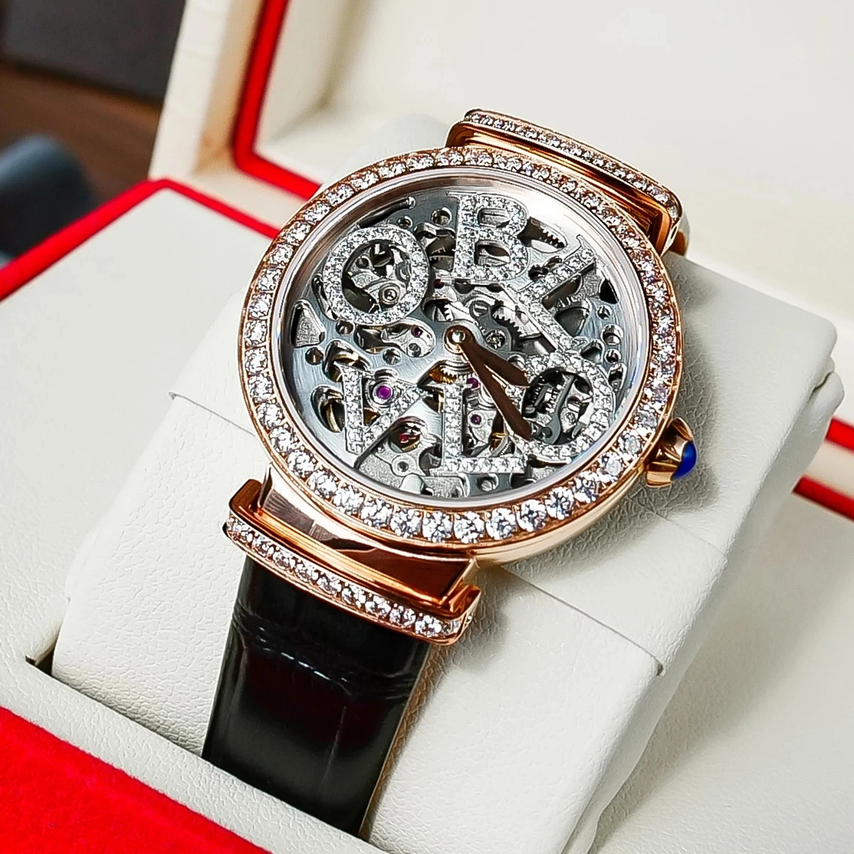 OBLVLO New Design Luxury Brand Women Rhinestone Skeleton Automatic Watches Ladies Elegant Automatic Mechanical Wrist Watch