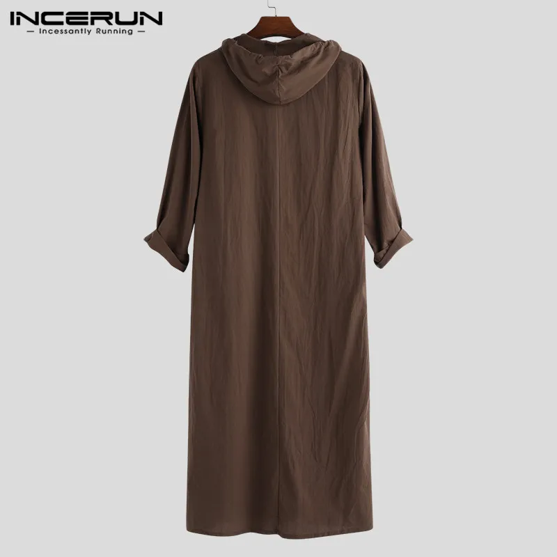 INCERUN 2023 Men Islamic Arab Muslim Kaftan Thobe Long Sleeve Hooded Robes Saudi Arabia Dubai Jubba Thobe Men Muslim Clothes 5XL