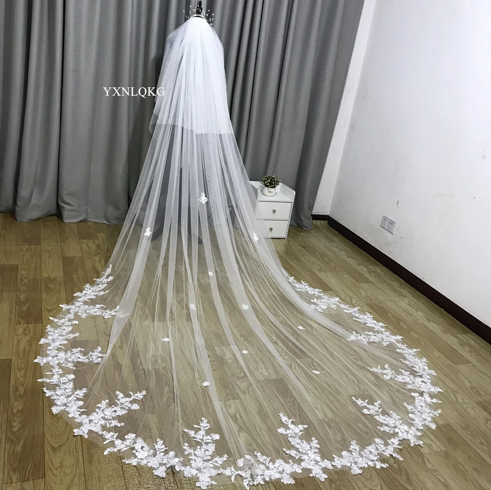 Real Photo 3m two Layer Wedding Veil With Comb White Lace Edge Bridal Veils Ivory Appliqued Cathedral Cover face Wedding Veil