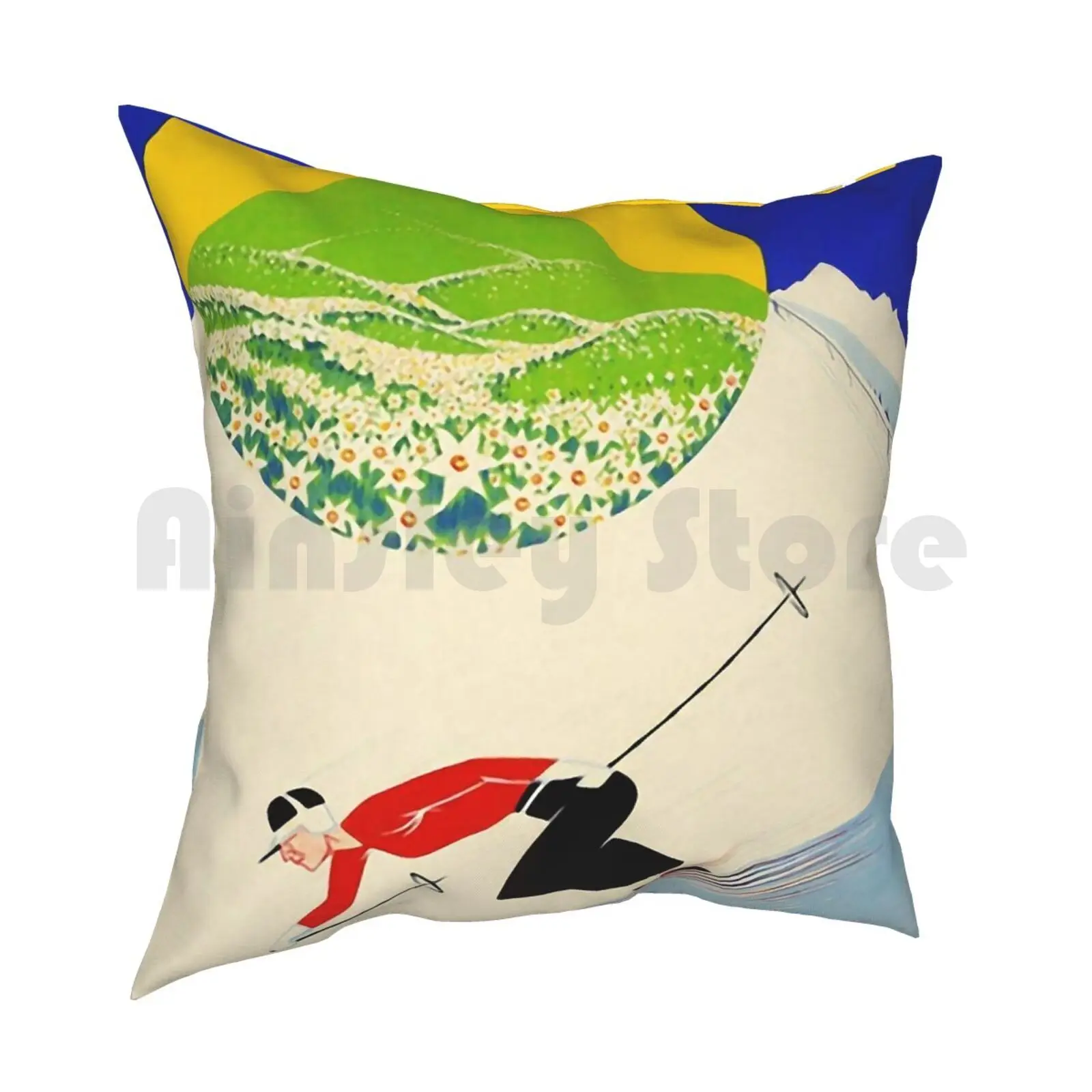 Art Deco Era Vintage Swiss Alps Sport Ad Pillow Case Printed Home Soft DIY Pillow cover Art Skiing French Swiss Swiss Alps