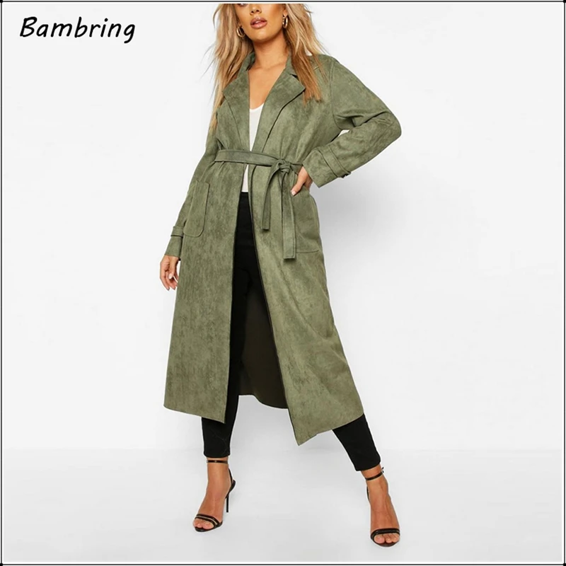 2020 textura de camurça couro trench coat feminino inverno tendência cinto longo jaqueta elegante senhoras macio falso couro casaco novo personalizado