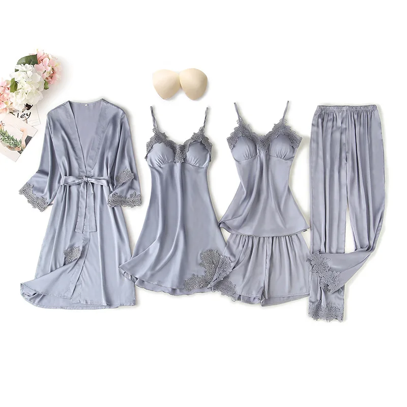 Women Satin Sleepwear 5Pcs Suit Autumn Lace Trim Pajama Pyjama Set Summer New Nightwear Casual Home Wear Lingerie Suit