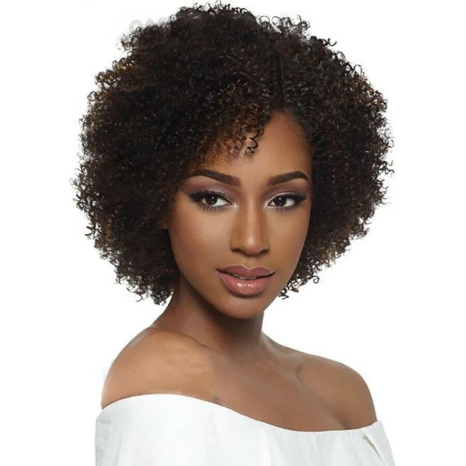 

Short Human Hair Wig with Bangs 180% Density Afro Kinky Curly Scalp Top Wig Silk Top Full Machine Wig Natural Black for Women