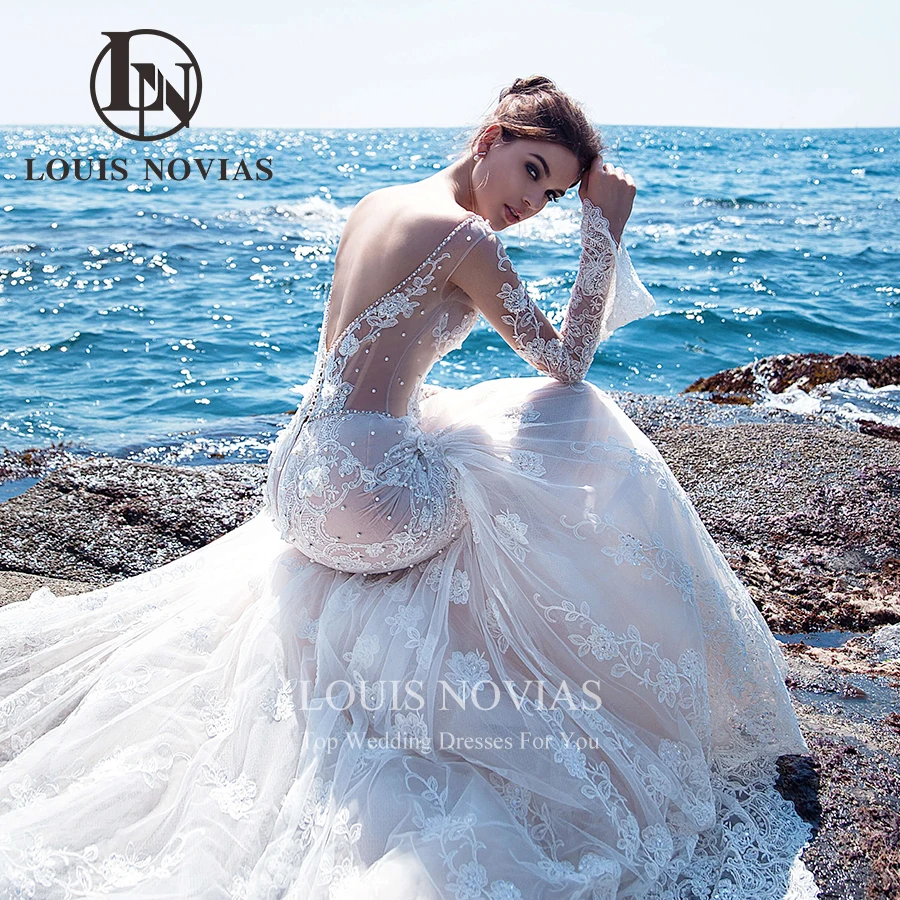 LOUIS NOVIAS 인어 웨딩 드레스, 2022 섬세한 구슬 3D 꽃 아플리케 긴 소매 등이없는 v넥 Vestido De Noiva