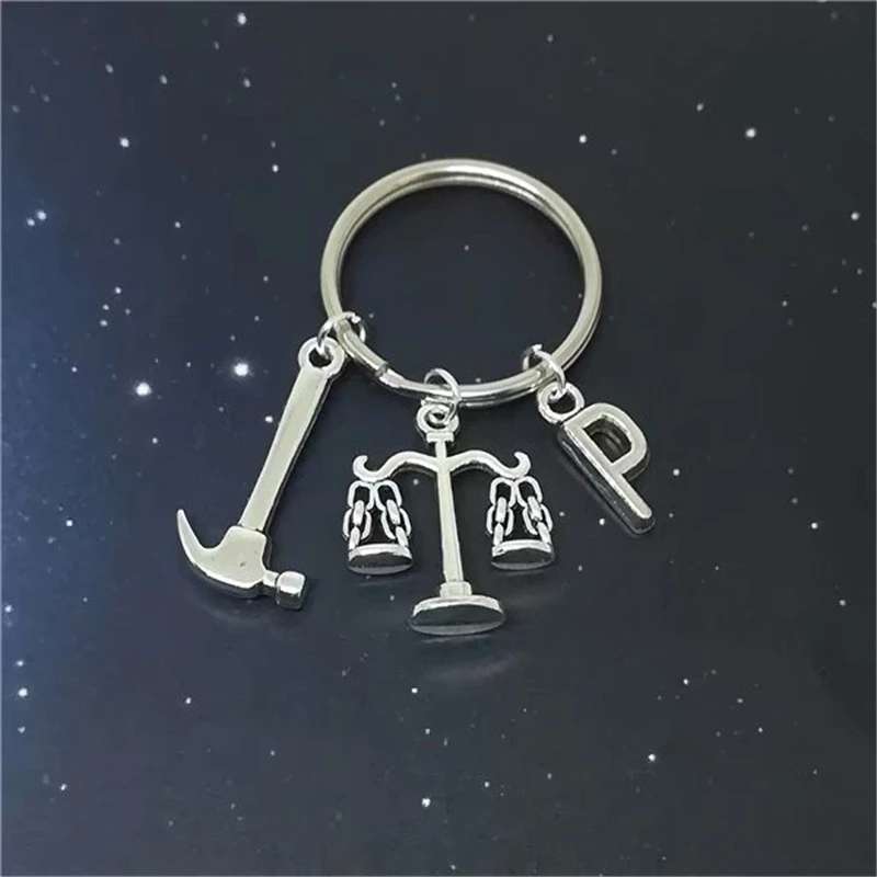 Fashion Scale Keychain, Hammer Charm, Libra Keychain, Constellation Keychain, Initial Keychain, Initial Charm, Monogram Jewelry