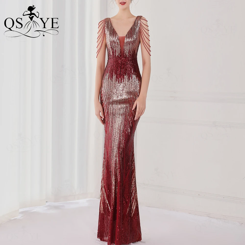 

Luxury Red Evening Dress Beading Straps Sequin Mermaid Prom Gown Glitter Elegant Party Dress Sparkle Fade Burgundy Formal Dress